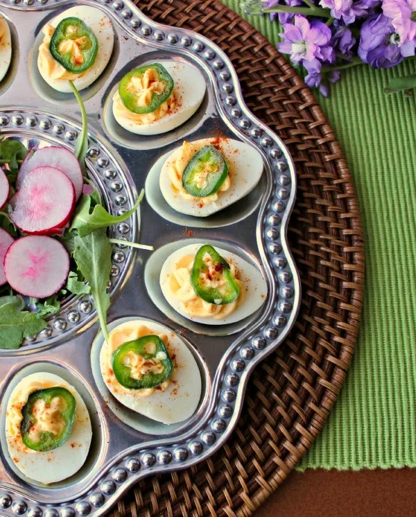 Sriracha Deviled Eggs with Candied Jalapeno Peppers